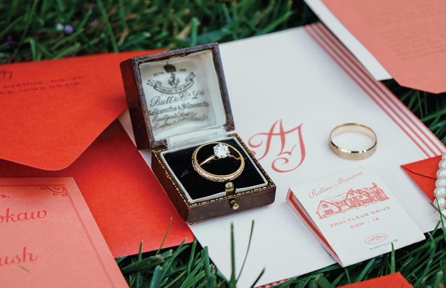 Case study image of a Rollins Mansion Wedding stationery suite in the portfolio of graphic designer Abbi Roush.