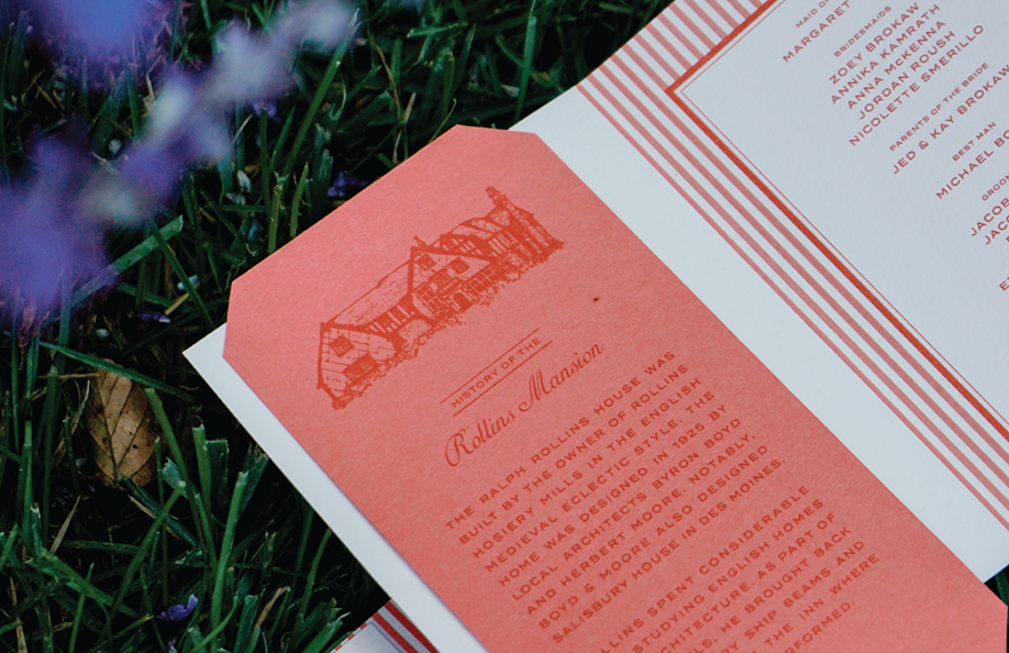 Case study image of a Rollins Mansion Wedding stationery suite in the portfolio of graphic designer Abbi Roush.