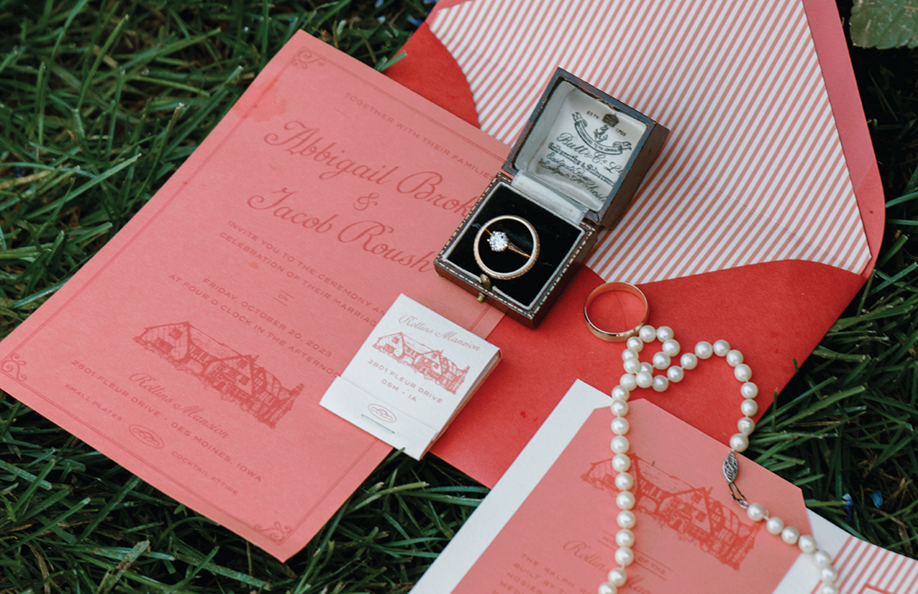 Case study image of a Rollins Mansion Wedding stationery suite in the portfolio of graphic designer Abbi Roush.