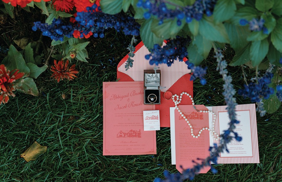 Case study image of a Rollins Mansion Wedding stationery suite in the portfolio of graphic designer Abbi Roush.