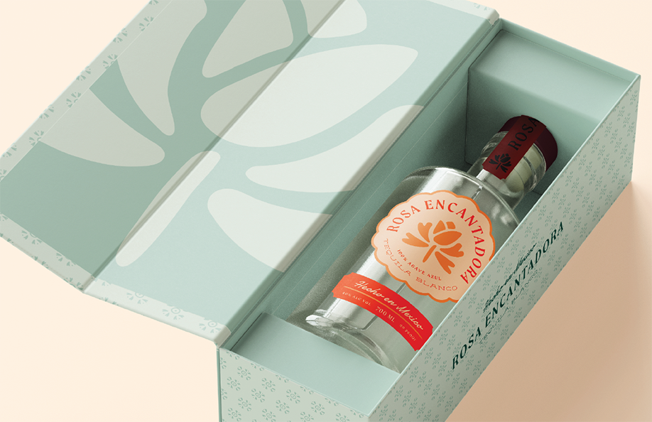 Case study image of the Rosa Encantadora packaging design in the portfolio of graphic designer Abbi Roush.