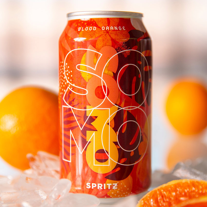 Case study image of the SOMO Spritz packaging design in the portfolio of graphic designer Abbi Roush.