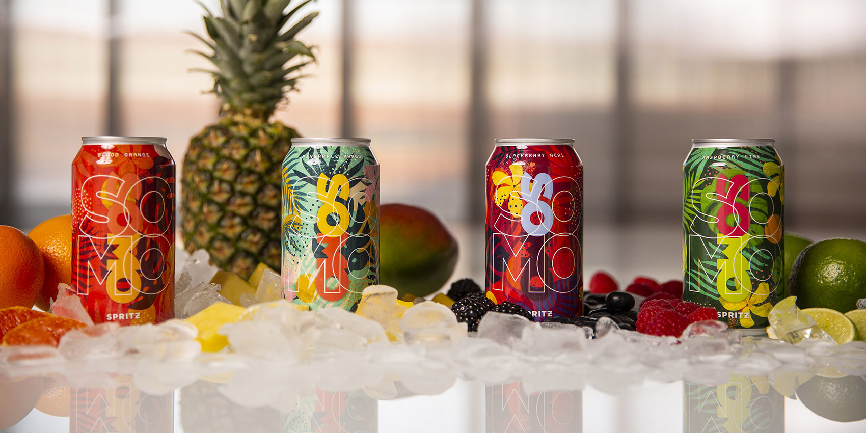 Case study image of the SOMO Spritz packaging design in the portfolio of graphic designer Abbi Roush.