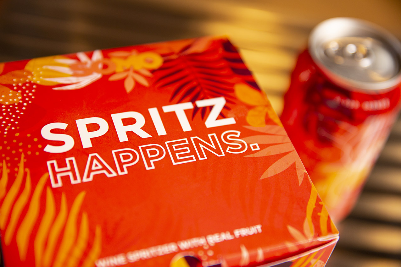 Case study image of the SOMO Spritz packaging design in the portfolio of graphic designer Abbi Roush.