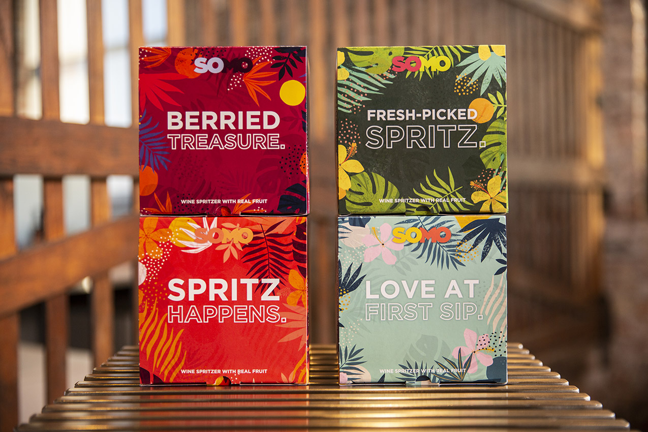 Case study image of the SOMO Spritz packaging design in the portfolio of graphic designer Abbi Roush.