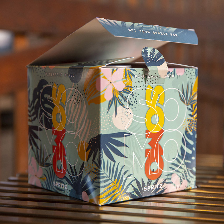 Case study image of the SOMO Spritz packaging design in the portfolio of graphic designer Abbi Roush.