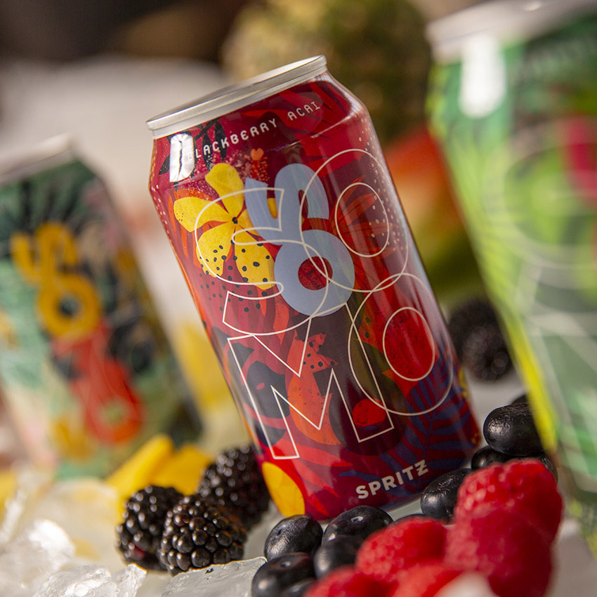 Case study image of the SOMO Spritz packaging design in the portfolio of graphic designer Abbi Roush.